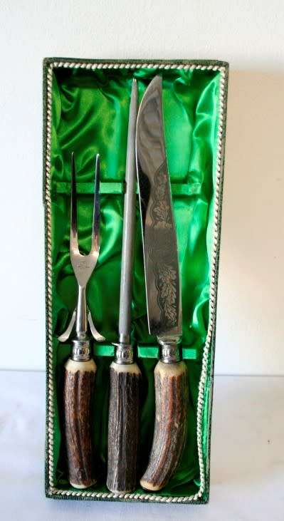 A stunning antique German made H Boker & Co "Tree brand" boxed genuine Antler handle carving set