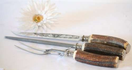 A stunning antique German made H Boker & Co "Tree brand" boxed genuine Antler handle carving set