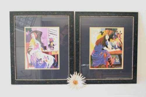 Two lovely and colourful oil paintings framed behind glass of  ladies to brighten a room.