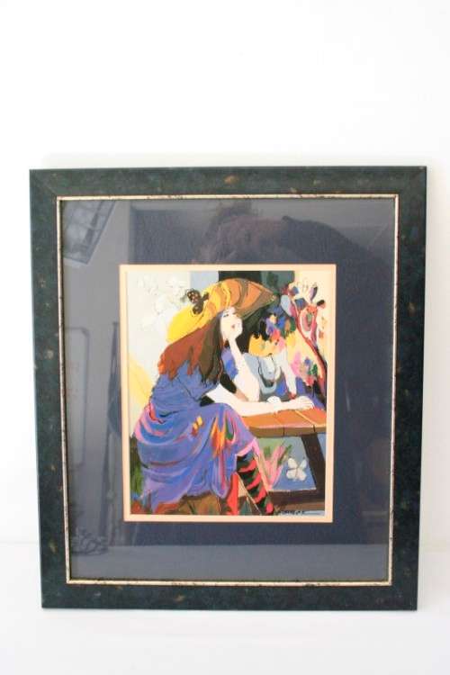 Two lovely and colourful oil paintings framed behind glass of  ladies to brighten a room.