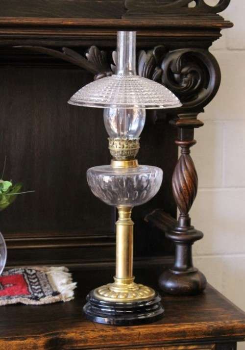 **RS17_Clearance** Antique "Duplex" Metalix double-wick brass table Kerosene lamp with crystal bowl