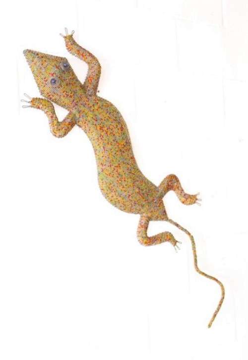 A stunning large (101cm long) hand made glass beaded lizard/ gecko decorative wall ornament