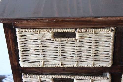 An awesome dark wooden 6-drawer cabinet with wicker drawers - great in the bathroom or bedroom!