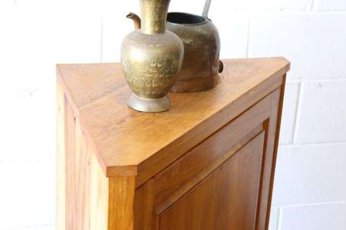 A lovely Oak single-door corner cabinet with shelves on the inside. Perfect for smaller spaces!!