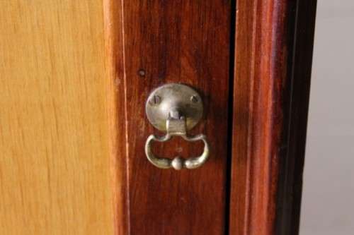 **RS17_Clearance** Yellow wood & mahogany panelled concierge pedestal w/ a large cupboard