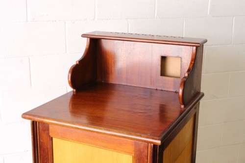 **RS17_Clearance** Yellow wood & mahogany panelled concierge pedestal w/ a large cupboard