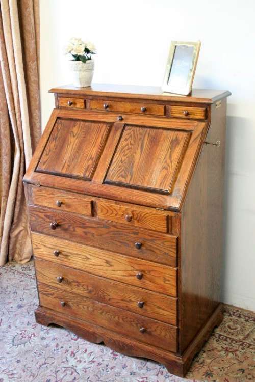 A wonderful vintage Adam Bede solid Oak fall-top writing bureau w pigeon holes and large drawers