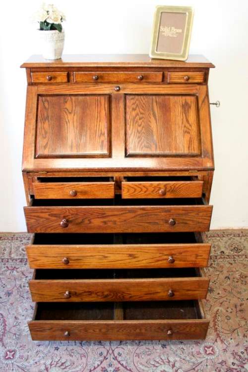 A wonderful vintage Adam Bede solid Oak fall-top writing bureau w pigeon holes and large drawers