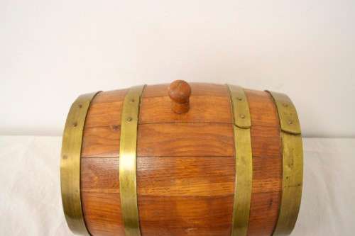 A fabulous small vintage solid Oak wine barrel with its original brass hoops, tap and stand!