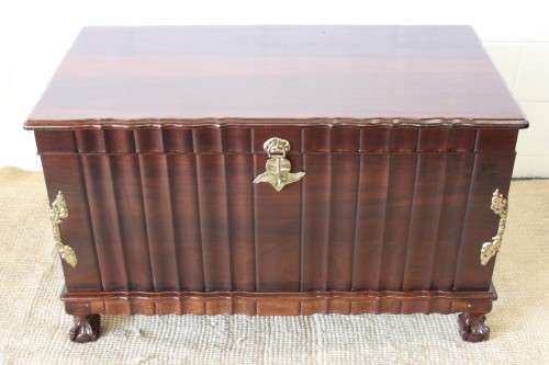 A magnificent large and HEAVY hand carved solid Imbuia ball & claw Kist with brass embellishments