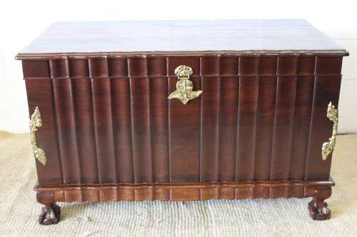 A magnificent large and HEAVY hand carved solid Imbuia ball & claw Kist with brass embellishments