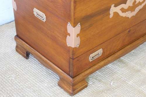 A magnificent and well-made solid Teak storage Kist w copper & brass embellishments + bottom drawer!