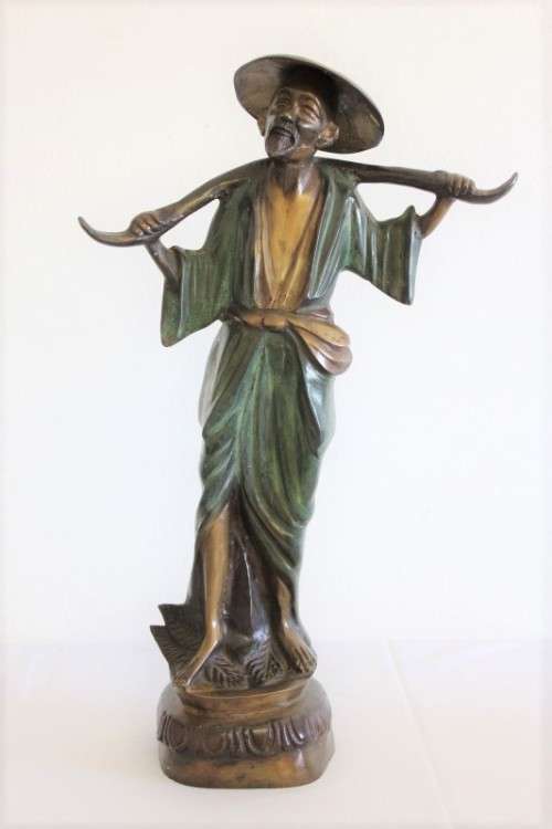 A spectacular tall (46cm) hand painted cast bronze "Chinese rice/ water Carrier" figurine - stunning