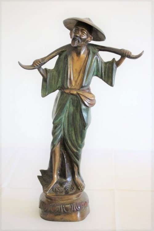 A spectacular tall (46cm) hand painted cast bronze "Chinese rice/ water Carrier" figurine - stunning