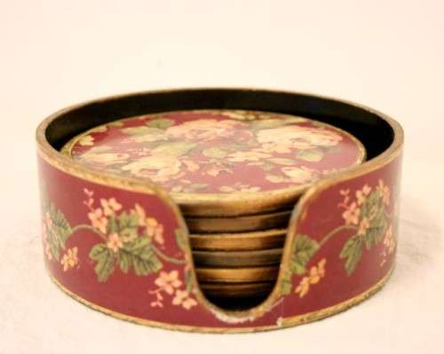 A beautiful vintage set of six Rose themed coasters in their holder- RS17Sale