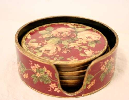 A beautiful vintage set of six Rose themed coasters in their holder- RS17Sale