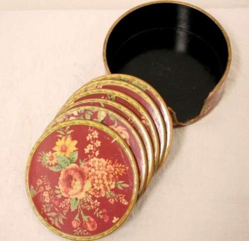A beautiful vintage set of six Rose themed coasters in their holder- RS17Sale
