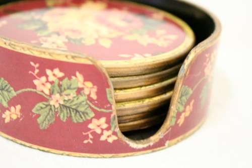 A beautiful vintage set of six Rose themed coasters in their holder- RS17Sale