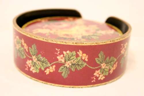 A beautiful vintage set of six Rose themed coasters in their holder- RS17Sale
