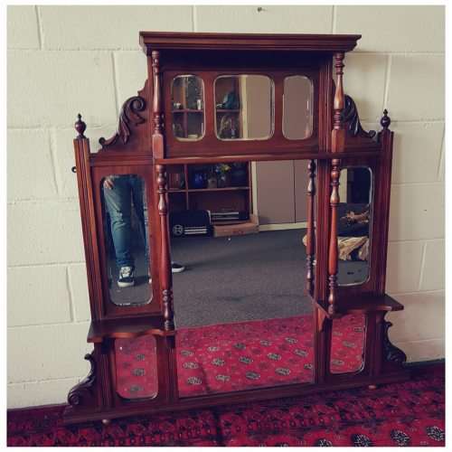 A beautiful antique (1904) Edwardian hand carved mahogany wall-mountable "over" mantle mirror - WOW!
