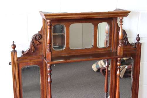 A beautiful antique (1904) Edwardian hand carved mahogany wall-mountable "over" mantle mirror - WOW!
