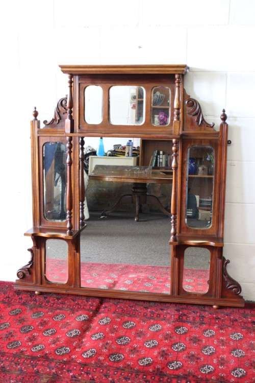 A beautiful antique (1904) Edwardian hand carved mahogany wall-mountable "over" mantle mirror - WOW!