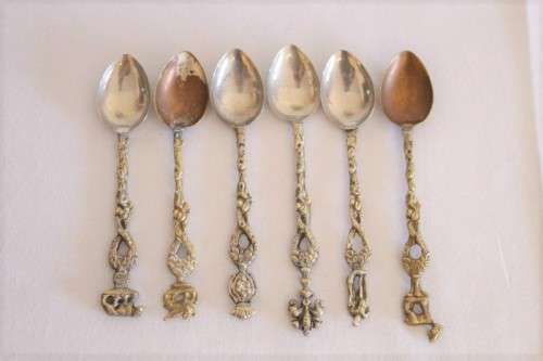 A wonderful set of 6x rare antique Italian made "Alpak" silver plate Roman themed figural spoons