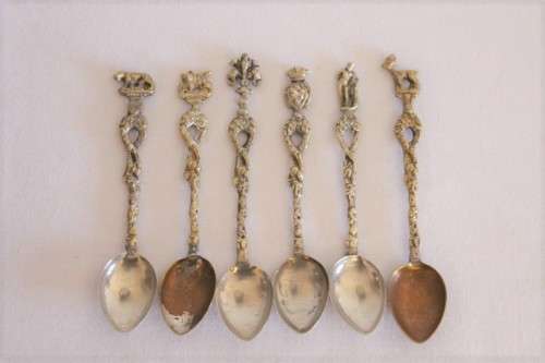 A wonderful set of 6x rare antique Italian made "Alpak" silver plate Roman themed figural spoons