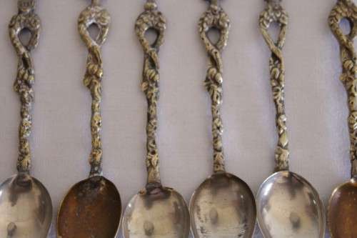 A wonderful set of 6x rare antique Italian made "Alpak" silver plate Roman themed figural spoons