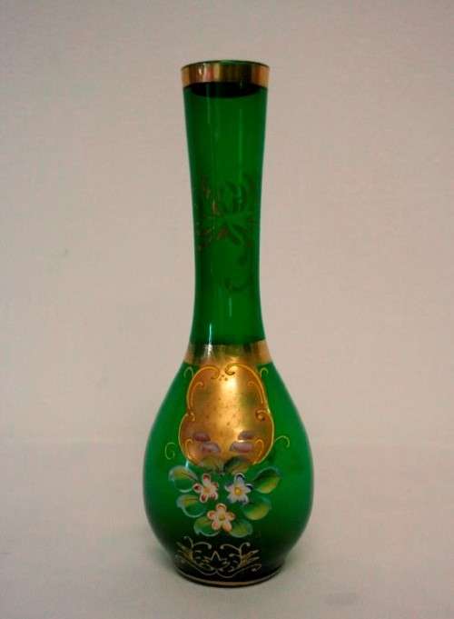 A superb vintage green Venetian glass, hand painted raised floral and gold gild detail vase.