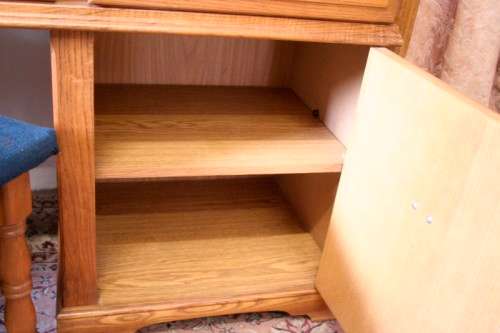 An exquisite, large Oak three drawer side-folding mirror dressing table with two cupboards and stool