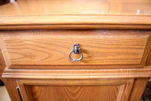 An exquisite, large Oak three drawer side-folding mirror dressing table with two cupboards and stool