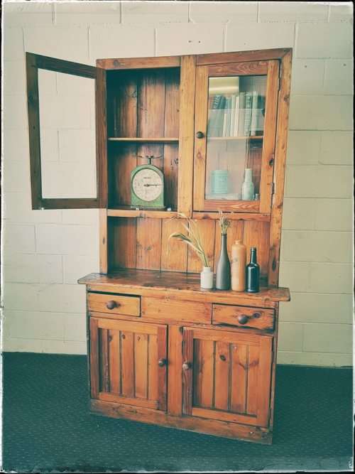 A fantastic rustic antique Oregon kitchen cabinet with glass cupboard doors and a distressed look!!