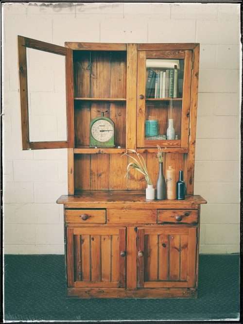 A fantastic rustic antique Oregon kitchen cabinet with glass cupboard doors and a distressed look!!