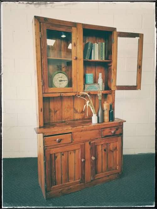 A fantastic rustic antique Oregon kitchen cabinet with glass cupboard doors and a distressed look!!