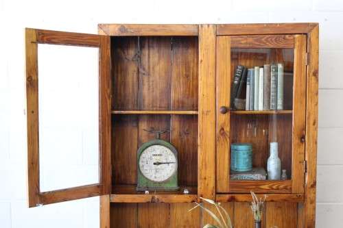 A fantastic rustic antique Oregon kitchen cabinet with glass cupboard doors and a distressed look!!