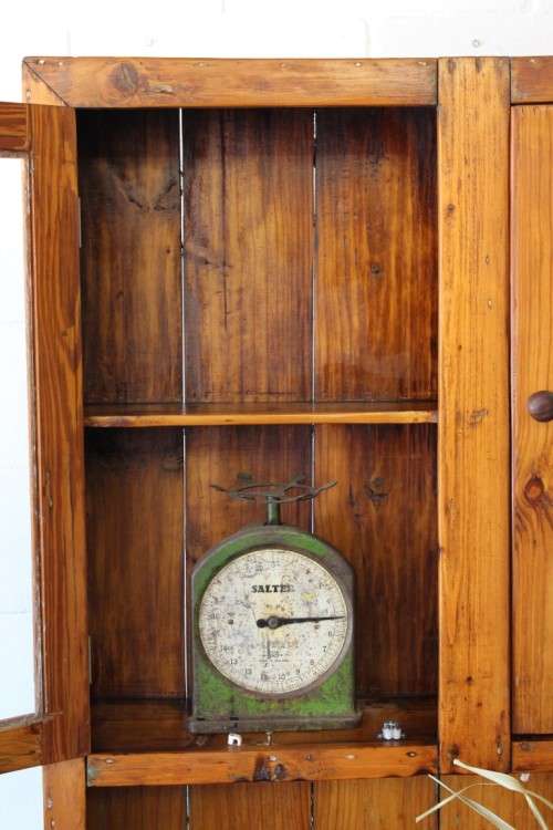 A fantastic rustic antique Oregon kitchen cabinet with glass cupboard doors and a distressed look!!