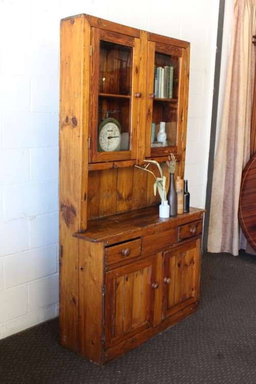 A fantastic rustic antique Oregon kitchen cabinet with glass cupboard doors and a distressed look!!