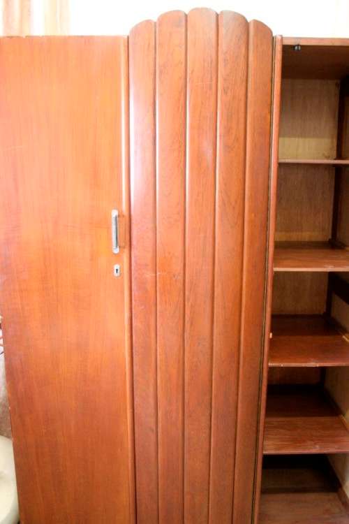 **RS17_Clearance** Vintage Art Deco Imbuia 3-door wardrobe with 4x large shelves & hanging space