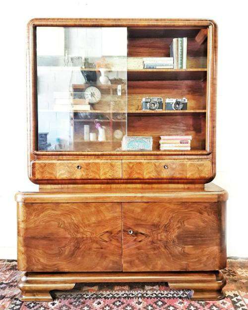 **RS17_Clearance** ART DECO (c.1930) walnut show cabinet w/ rounded corners & sliding glass doors