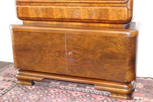 **RS17_Clearance** ART DECO (c.1930) walnut show cabinet w/ rounded corners & sliding glass doors