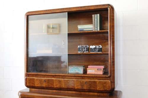 **RS17_Clearance** ART DECO (c.1930) walnut show cabinet w/ rounded corners & sliding glass doors