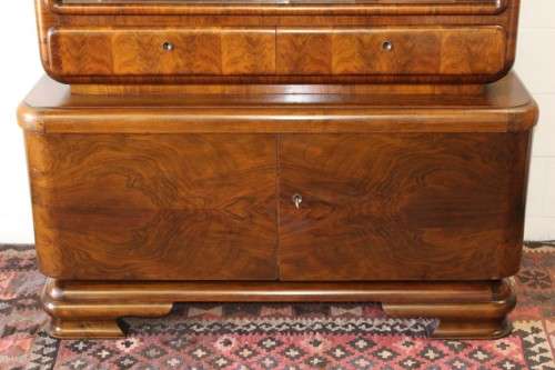 **RS17_Clearance** ART DECO (c.1930) walnut show cabinet w/ rounded corners & sliding glass doors