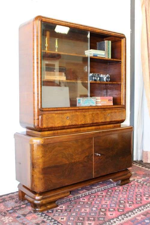 **RS17_Clearance** ART DECO (c.1930) walnut show cabinet w/ rounded corners & sliding glass doors