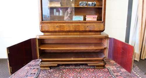 **RS17_Clearance** ART DECO (c.1930) walnut show cabinet w/ rounded corners & sliding glass doors