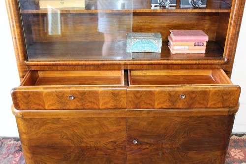 **RS17_Clearance** ART DECO (c.1930) walnut show cabinet w/ rounded corners & sliding glass doors