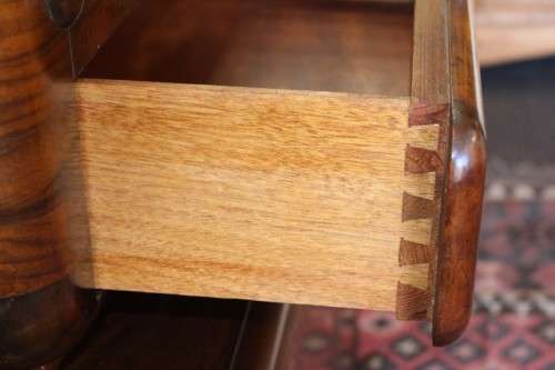 **RS17_Clearance** ART DECO (c.1930) walnut show cabinet w/ rounded corners & sliding glass doors