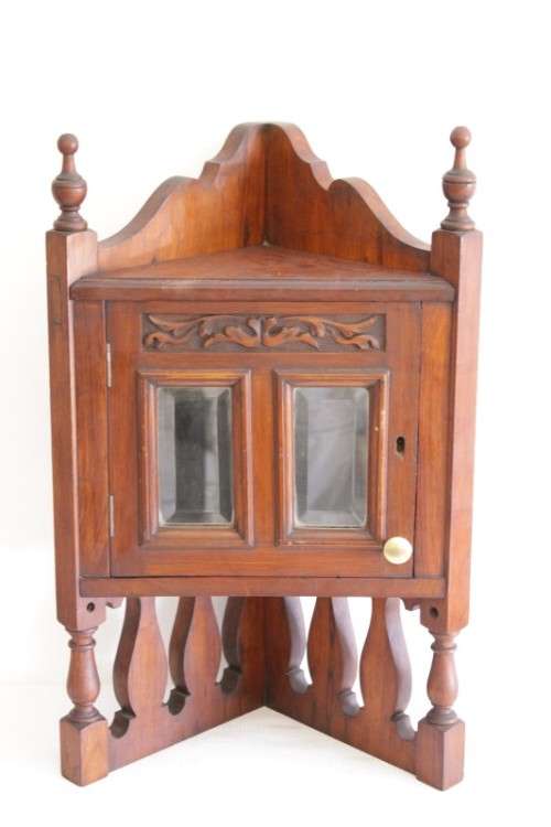 A stunning antique solid oak bathroom corner vanity cabinet w/ bevelled mirrors and carved detailing