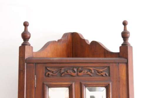 A stunning antique solid oak bathroom corner vanity cabinet w/ bevelled mirrors and carved detailing