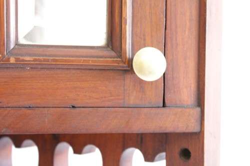 A stunning antique solid oak bathroom corner vanity cabinet w/ bevelled mirrors and carved detailing